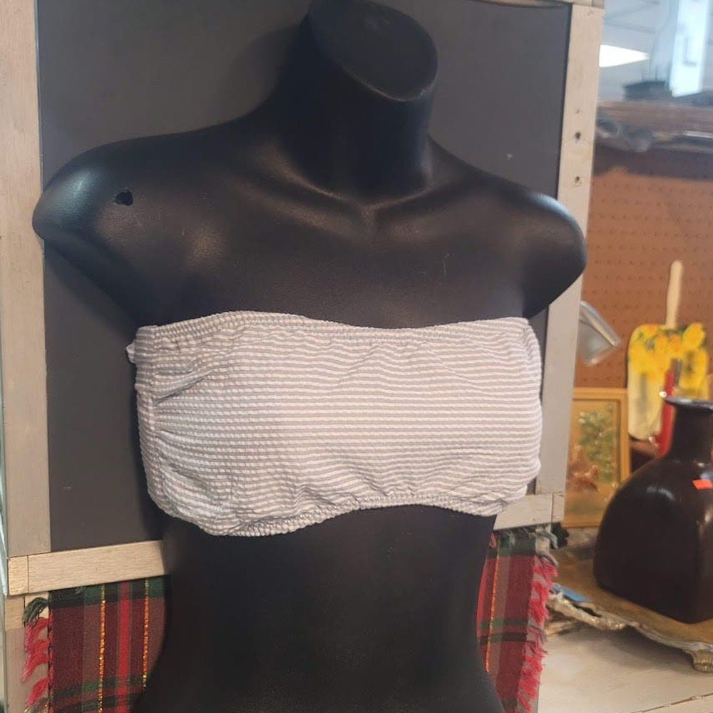 Blue Sky NEW Blue White Striped Bandeau Side Boning Swim Top LIned TieBack SMALL